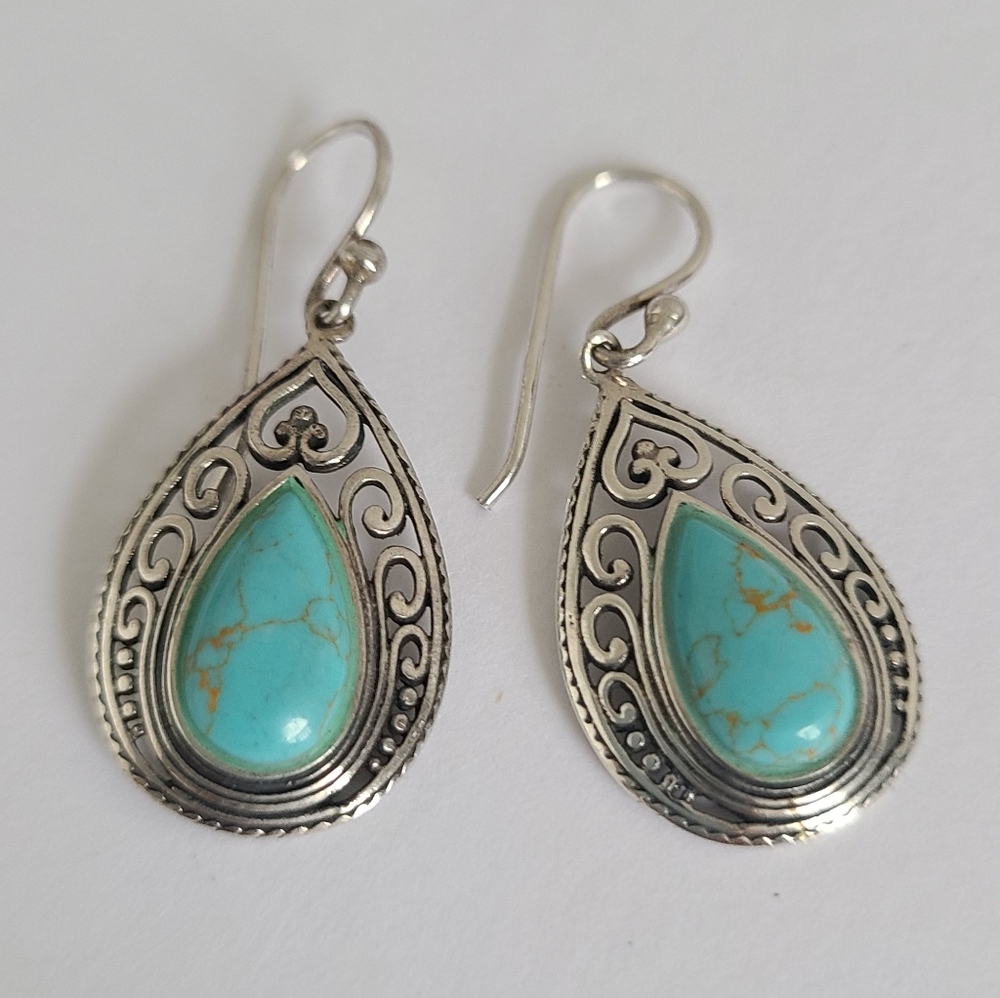 Vintage Boho Sterling Silver Blue Turquoise Teardrop Filigree Drop Earrings